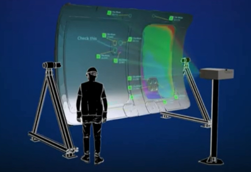 Spotlight AR++ projects important points onto a section of an aircraft fuselage panel.