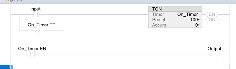 Debounce timer used in a PLC ladder logic program rung