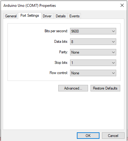 computer COM port settings in typical serial format showing both parity selection type and type of signal for indicating message end
