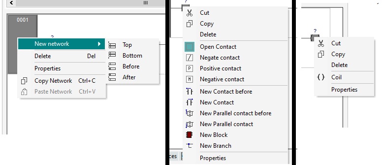 Left to right: new network menu, contact menu, and coil menu.