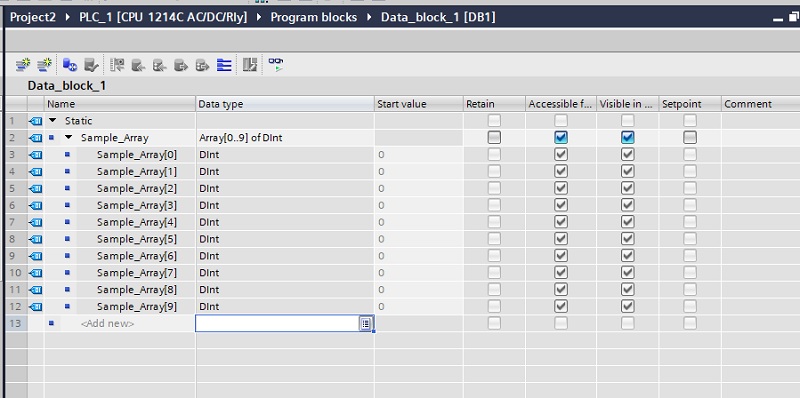creating array data type as Data Block in Siemen's TIA Portal software