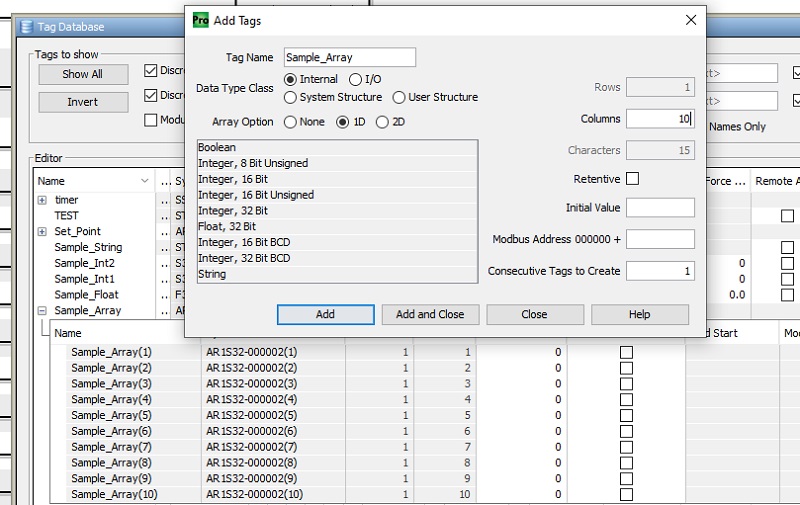 creating array data type in Automation Direct's Productivity Suite software