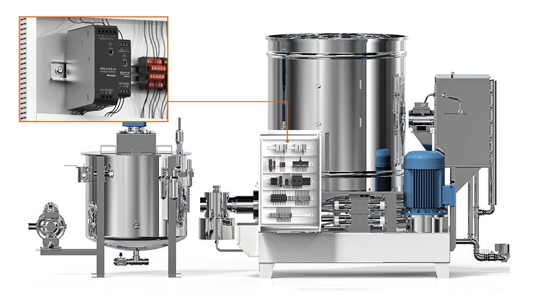 The SPB-A series power supply is shown being used in a semiconductor mixing application