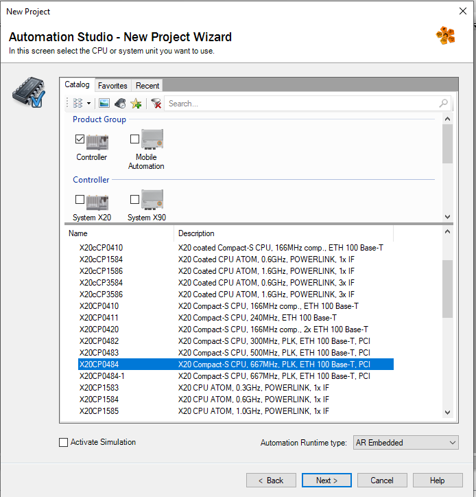 choosing controller in Automation Studio