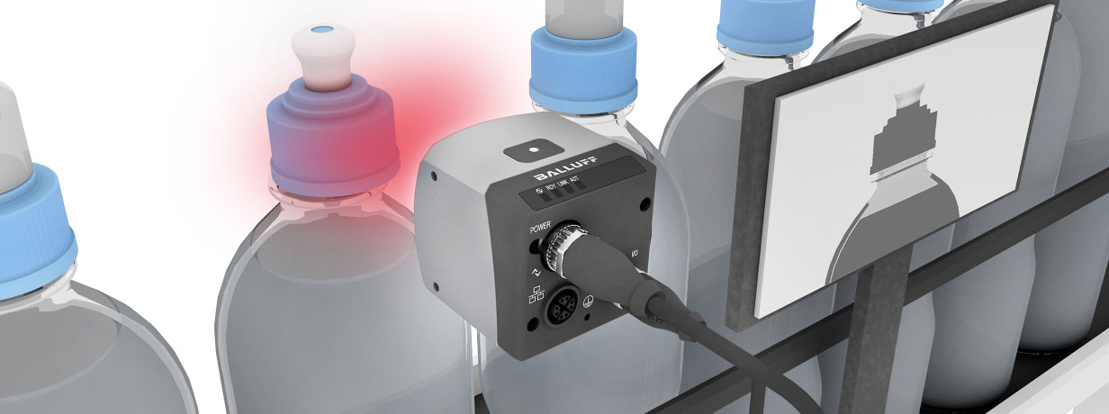 The BVS Vision sensor can be used in continuous bottle cap inspection in the food and beverage industry