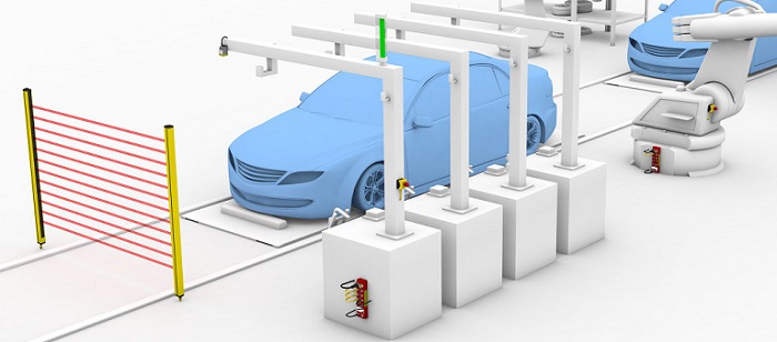 Model of a factory floor with the safety devices and I/O modules installed
