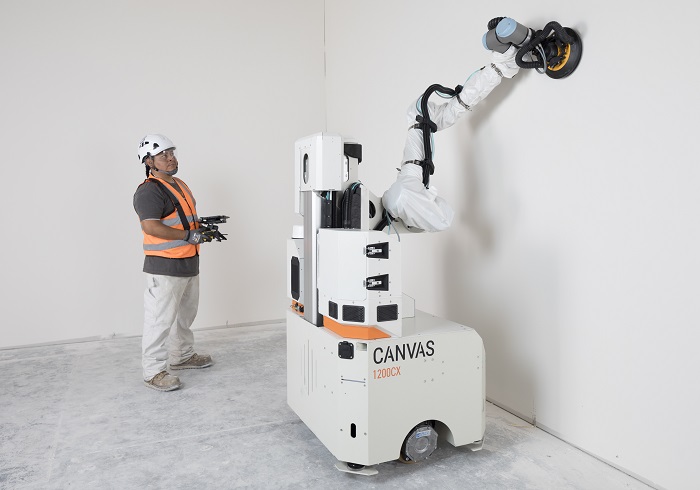 Canvas robot working on a drywall mudding project