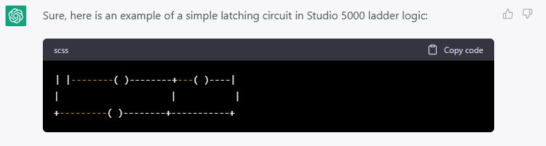 ChatGPT output upon request for ladder logic structure for a latching circuit.
