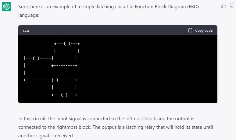 ChatGPT output upon request for a function block diagram of a latching circuit