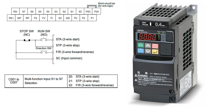 Omron MX2 VFD 3-wire inputs and parameters