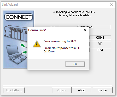 Failed com connection error screen
