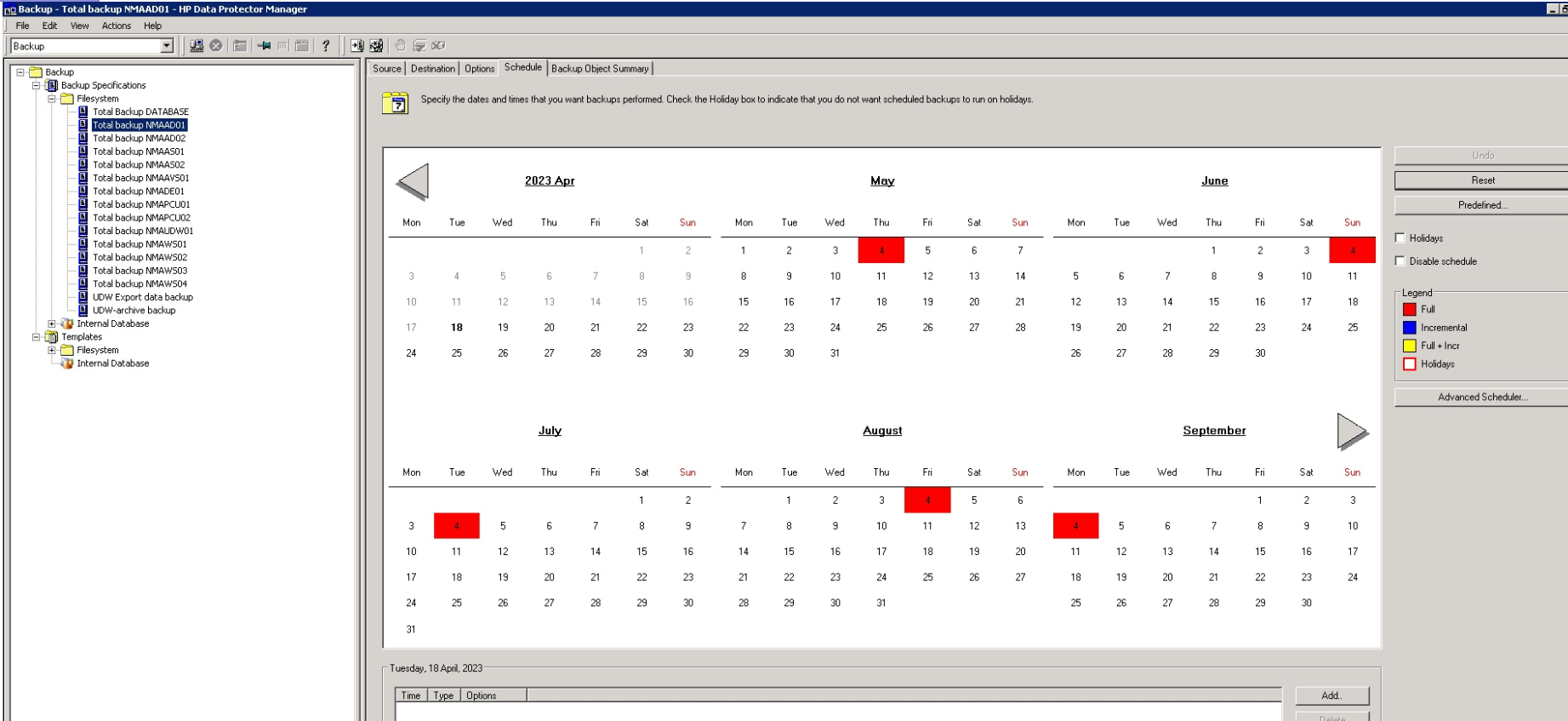HP Data Protector Manager to configure the full or incremental backup schedules.