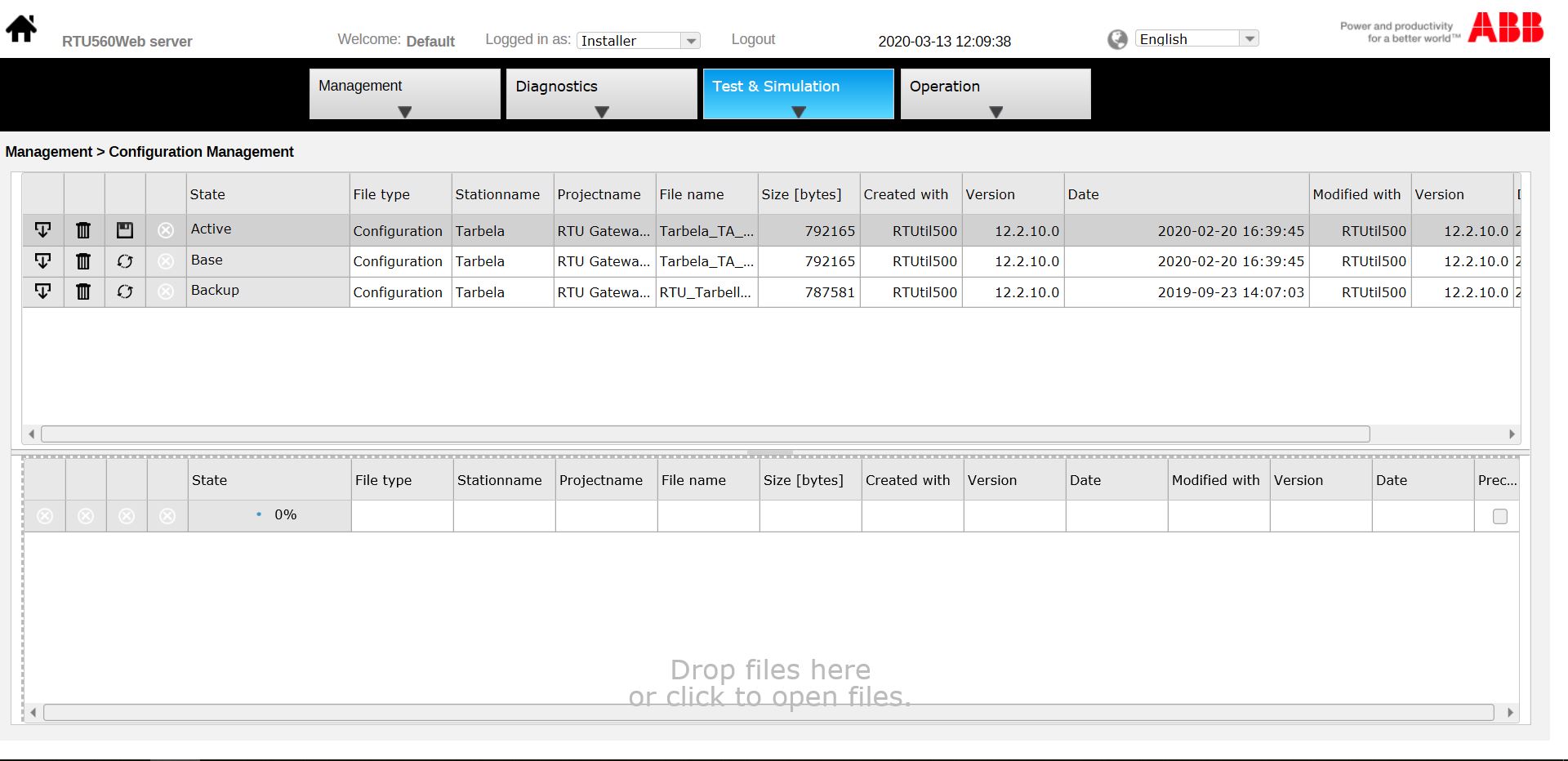 RTU560 web server to upload and download the RTU backup.
