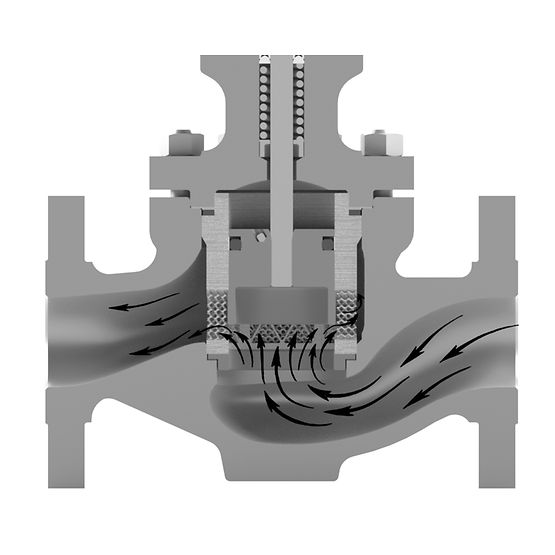 A globe valve fitted with a Fisher Whisper trim