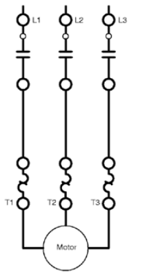 typical direct contactor/starter arrangement for driving a three-phase motor