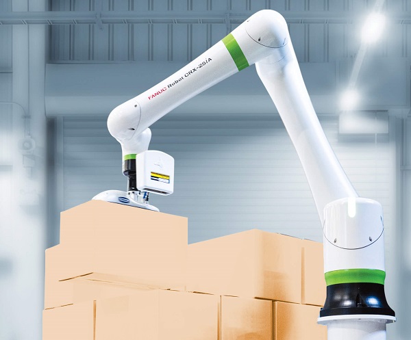 FANUC’s new CRX-25iA in the middle of a palletizing operation. 