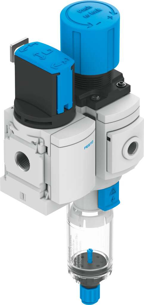 Festo also includes an integrated filter regulator featuring a transparent bowl to visually confirm air quality.