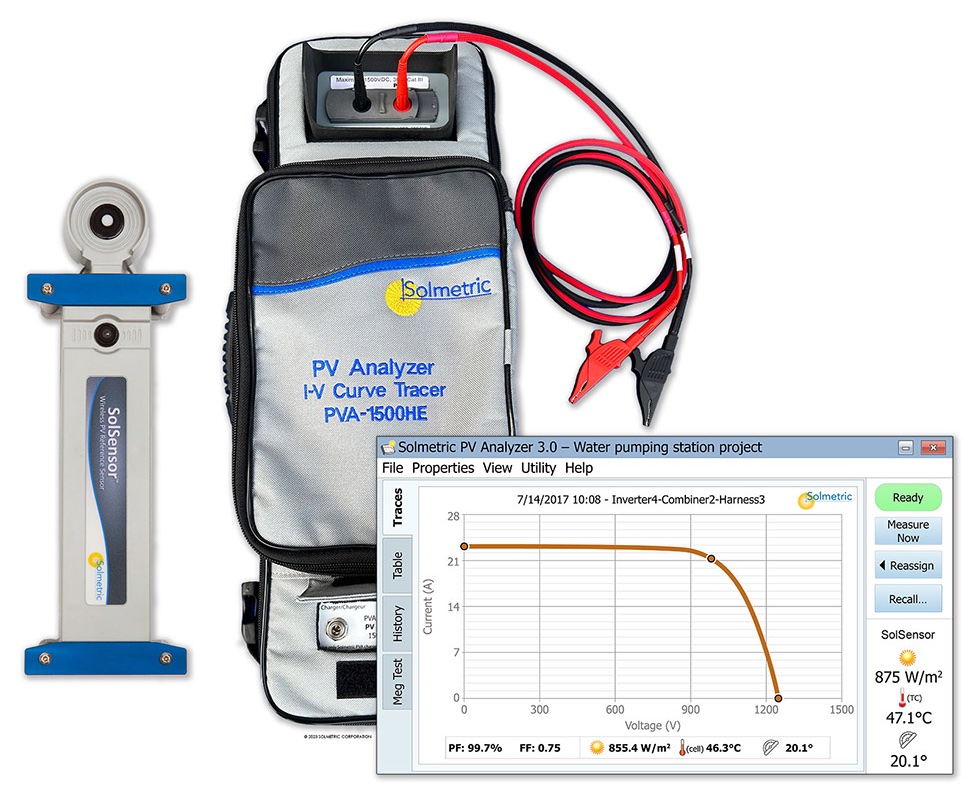 Solmetric’s PVA-1500HE PV Analyzer Kit has a SolSensor-300 wireless PV reference sensor, rugged transit case, PVA test leads, and an I-V data analysis tool. 
