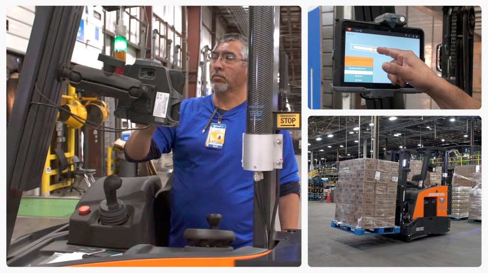 Walmart employee, Jose Molina, deploying a FoxBot forklift in a Walmart distribution center