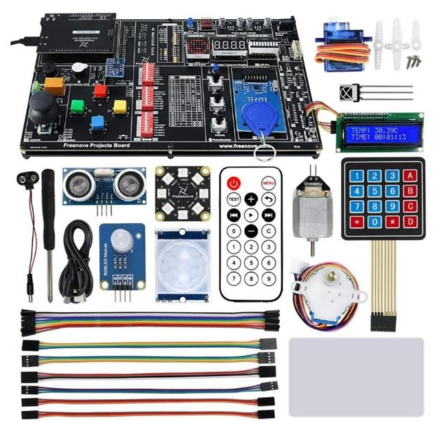 Freenove Project Kit with side items including electrical-electronic components