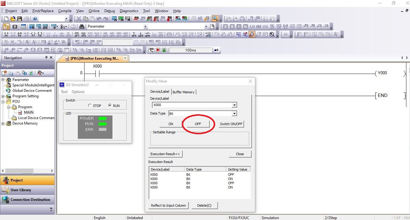 Simulated PLC input turned off