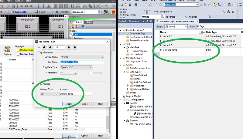 Tags defined in the HMI and the PLC