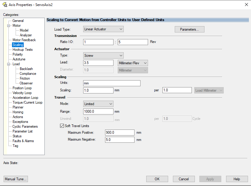 Axis parameters