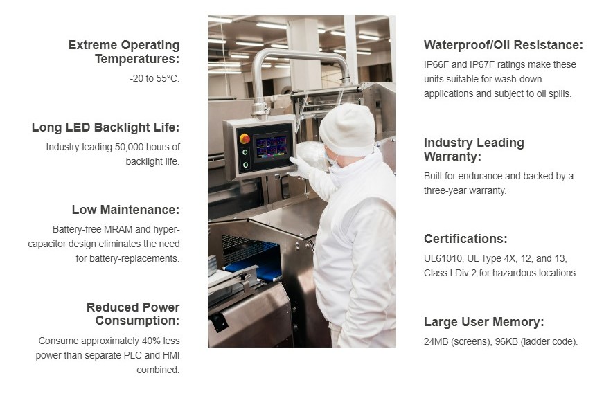 The FT2J Series 7-inch PLC+HMI is waterproof and oil resistant and can operate in extreme temperatures