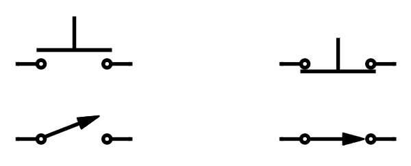 Symbols for no nc, (these are also called 'n/o vs n/c' or 'no vs. nc') switch contacts