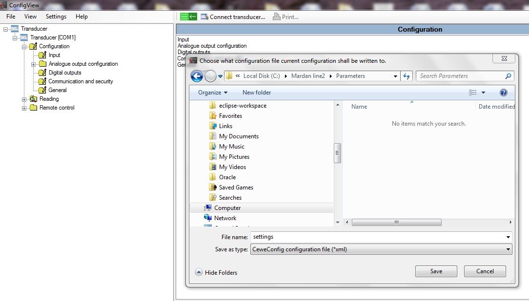 Saving transducer settings as text or XML files