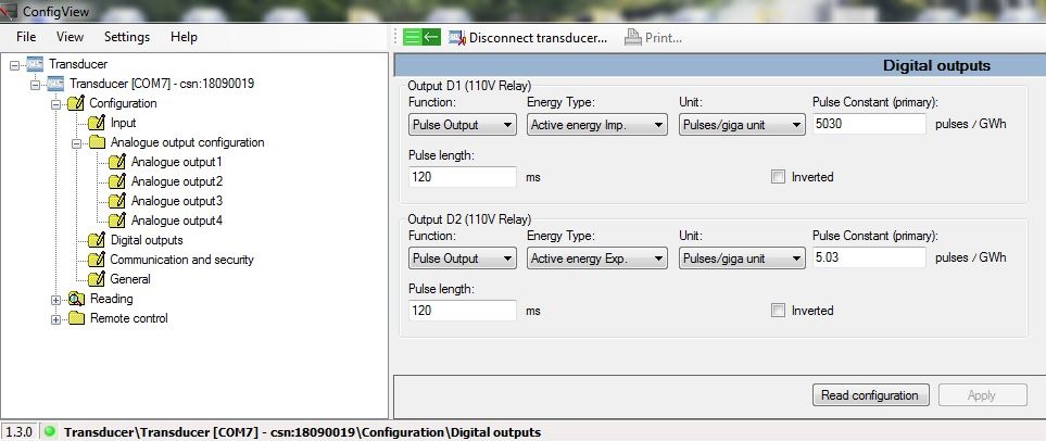 Configuring the digital outputs of the transducer