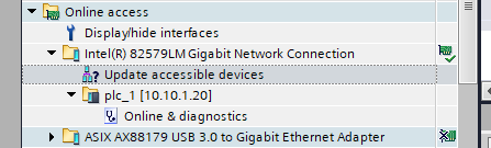 PLC connected via an Ethernet cable