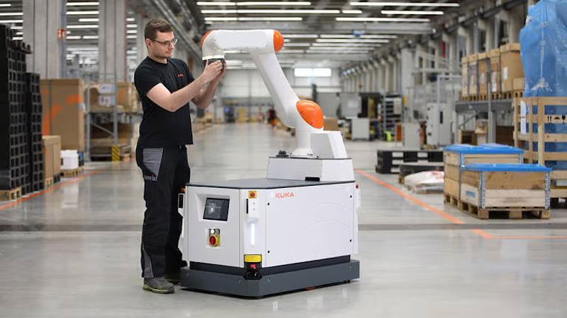 The KUKA KMR iisy is a cobot AMR combination system for expanded cobot capabilities. 