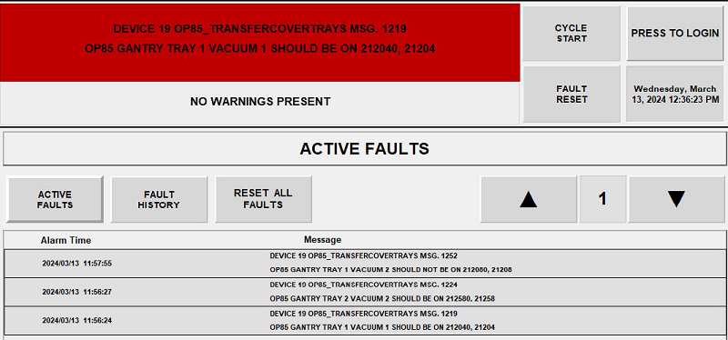 Industrial machine alarm screen