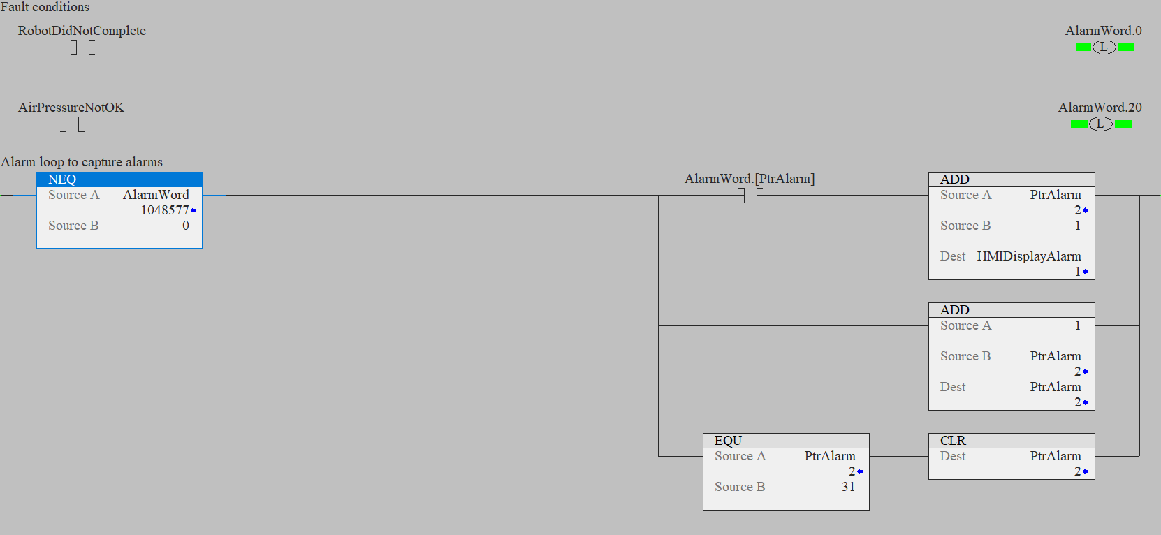 Logic routine for setting alarm bits in an integer