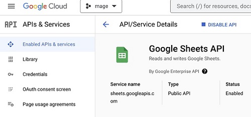 Enabling Google Sheets API