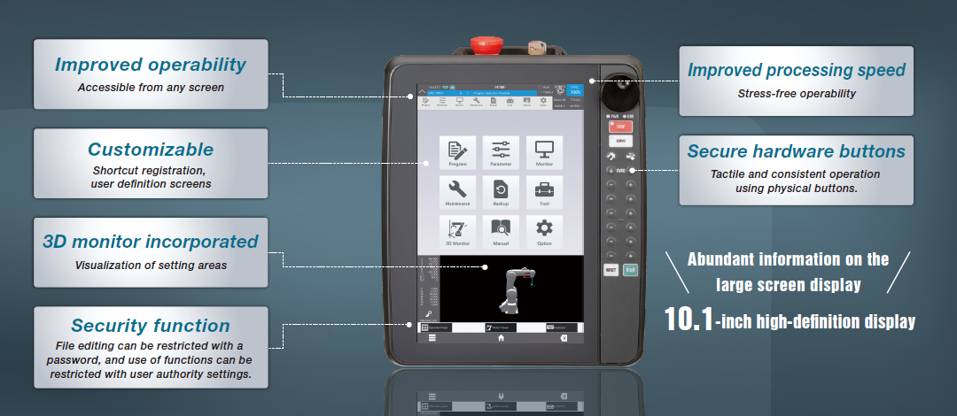 Mitsubishi’s new R86TB teach pendant features a high-definition screen and tactile buttons