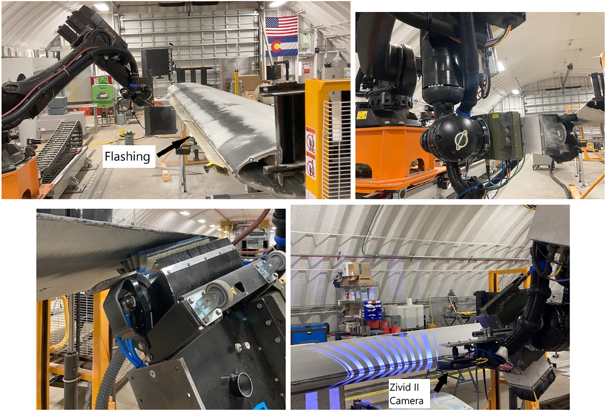 Kuka robot trimming, grinding, and sanding 5-meter long wind blade segments