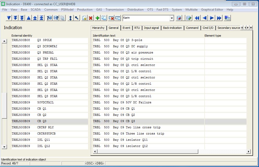 DE400 Form for entering object information like breaker and isolator