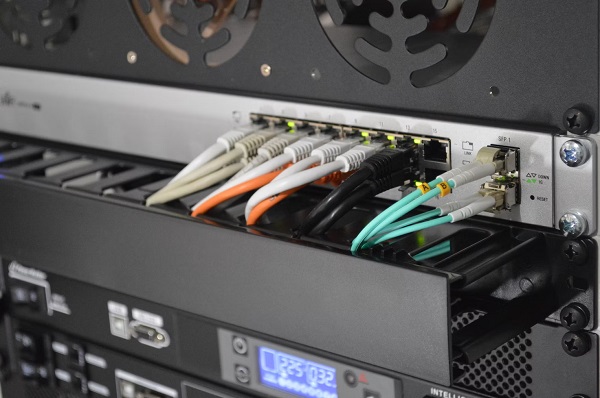 Ethernet cables connected to ports on a switch
