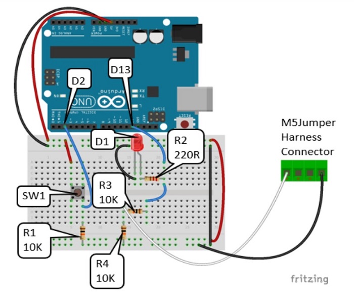 Fritzing wiring diagram for Arduino switch and M5StackCore