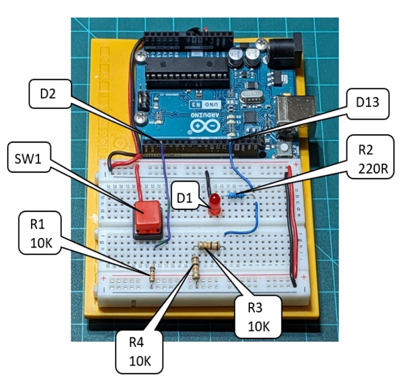 Solderless breadboard image for the Arduino LED, switch, and M5Stack core project