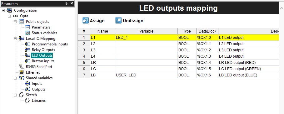 To energize the LEDs, first assign them the correct variable names.