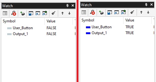 The watch table when the button is unpressed (left) and then pressed (right).
