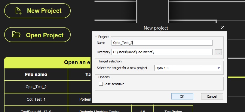 Creating a new project for the Arduino PLC IDE.