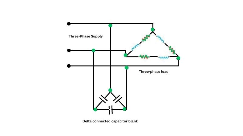 A three-phase load system with a delta-connected capacitor bank.