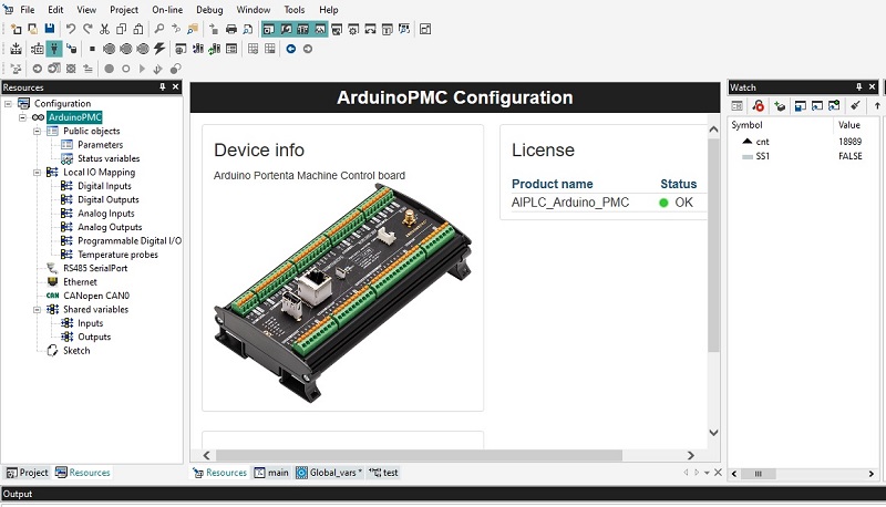 intial setup and hardware configuration screen for Arduino PLC IDE software showing Arduino Portenta Machine Control