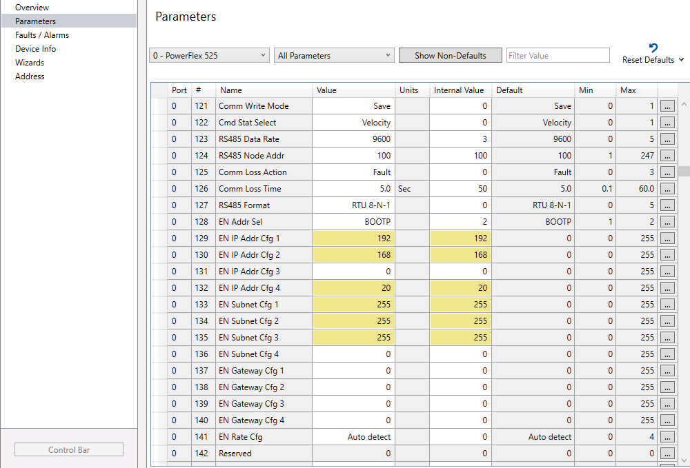 Communication parameters in Logix Designer 5000