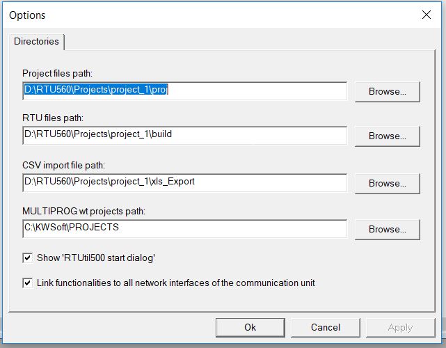 setting directory paths for the project, build, and export in RTUil500 software