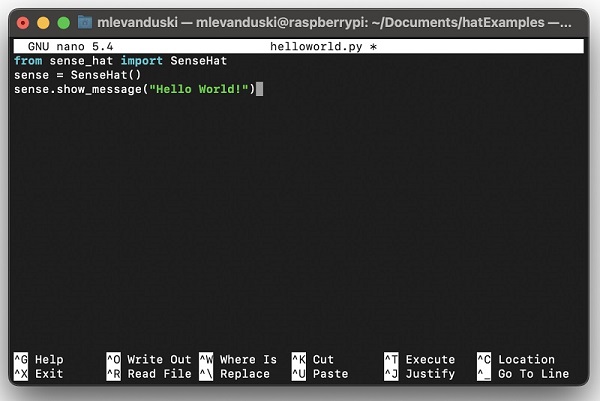 Hello World code for the Sense HAT